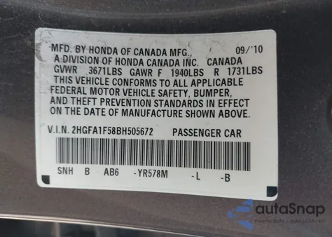 2011 Honda Civic Lx из США, поврежденный, VIN 2HGFA1F58BH505672